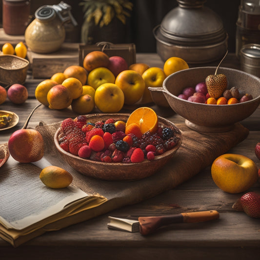 A warm, golden-lit photograph of Nya Marsh's hands cradling a vibrant, overflowing fruit bowl, surrounded by artistic props like paintbrushes, cameras, and notebooks, on a rustic wooden table.