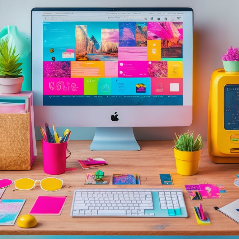 A colorful, clutter-free desktop with a iMac, Wacom tablet, and scattered digital stickers in various shapes, sizes, and colors, surrounded by design inspiration boards and colorful pens.