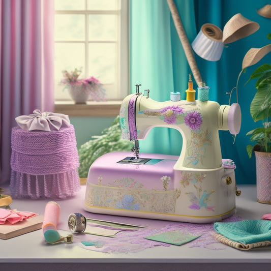 A whimsical, pastel-colored illustration of a sewing machine surrounded by fluttering dance costumes, fabric scraps, and threads, set against a soft, gradient background with subtle dance-inspired patterns.