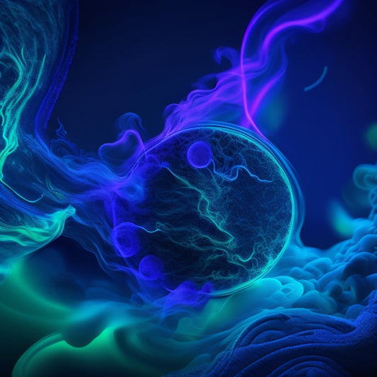 A dark purple background with neon blue and green circuitry patterns, surrounded by wispy, smoke-like tendrils, and a stylized, glowing audio waveform pulsing with electric blue light.