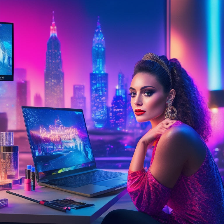 A lively, colorful illustration of a young woman sitting in front of a laptop, surrounded by makeup brushes and mirrors, with a virtual dance studio projected on the screen, and a cityscape or dance studio blurred in the background.