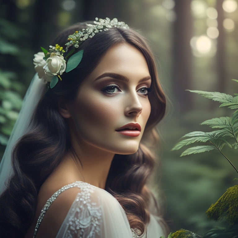 A serene, misty forest backdrop with a elegant, glowing bride surrounded by lush greenery, adorned with flowers and vines, holding a delicate, gemstone-tipped makeup brush.