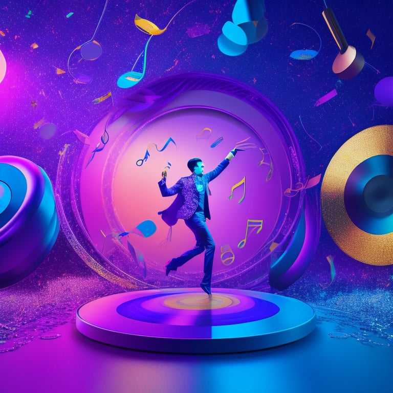 A vibrant illustration featuring a dancing silhouette surrounded by swirling music notes, vinyl records, and colorful confetti, set against a dynamic, gradient background of blues and purples.