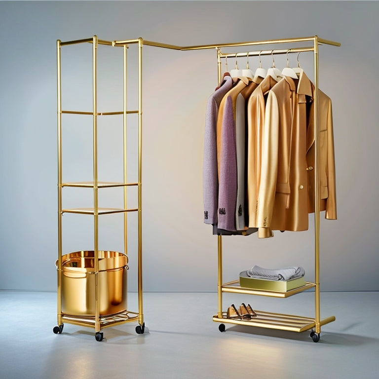 Upgrade your retail displays and home organization with our sleek gold metal clothing rack on wheels. Stylish, convenient, and versatile - click now for the perfect solution!