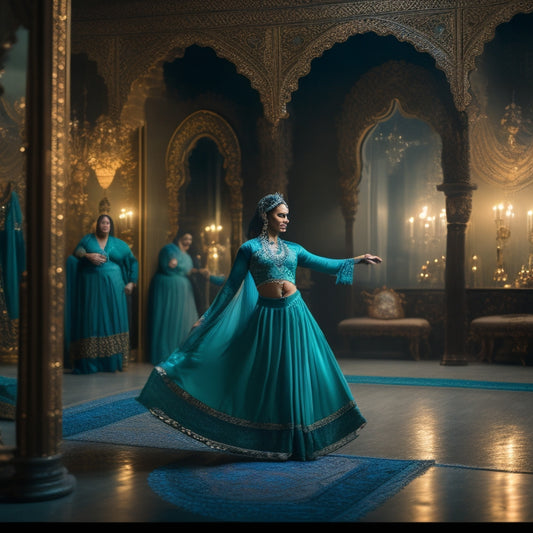 A serene, dimly lit dance studio with a beautiful, Hijab-wearing woman in a flowing, turquoise skirt, practicing belly dance moves in front of a large, ornate mirror, surrounded by Middle Eastern-inspired decorations.