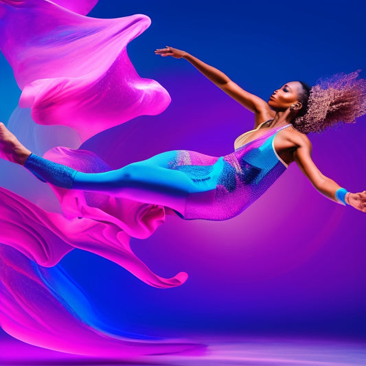 A dynamic illustration featuring a fit, energetic dancer in mid-pose, surrounded by abstract, swirling shapes in shades of pink, purple, and blue, evoking movement and rhythm.