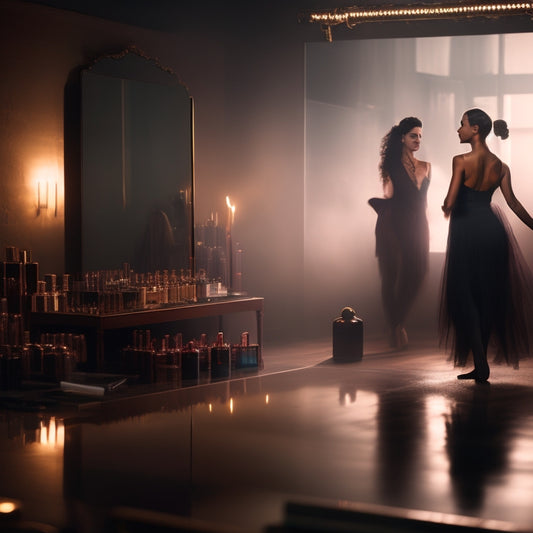 A dimly lit, smoky dance studio with a lone dancer in front of a mirror, surrounded by scattered makeup products, with a blurred, imperfect reflection staring back.