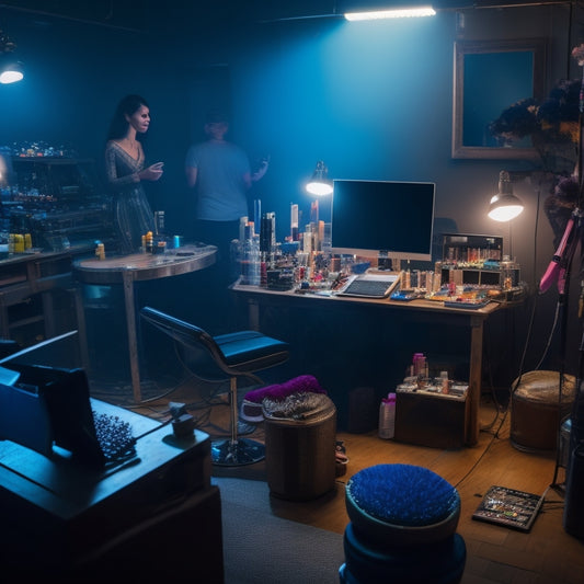 A dimly lit, backstage area with a cluttered vanity, surrounded by makeup brushes, palettes, and mirrors, featuring a dance makeup artist, head down, surrounded by devices, with a laptop and smartphone open to social media platforms.