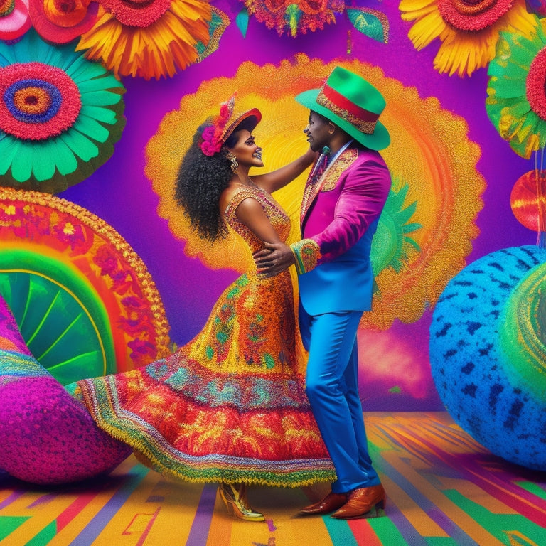 A vibrant, colorful illustration featuring a dancing couple surrounded by salsa-inspired elements: maracas, sombreros, and a backdrop of bold, swirling patterns resembling salsa dance moves.