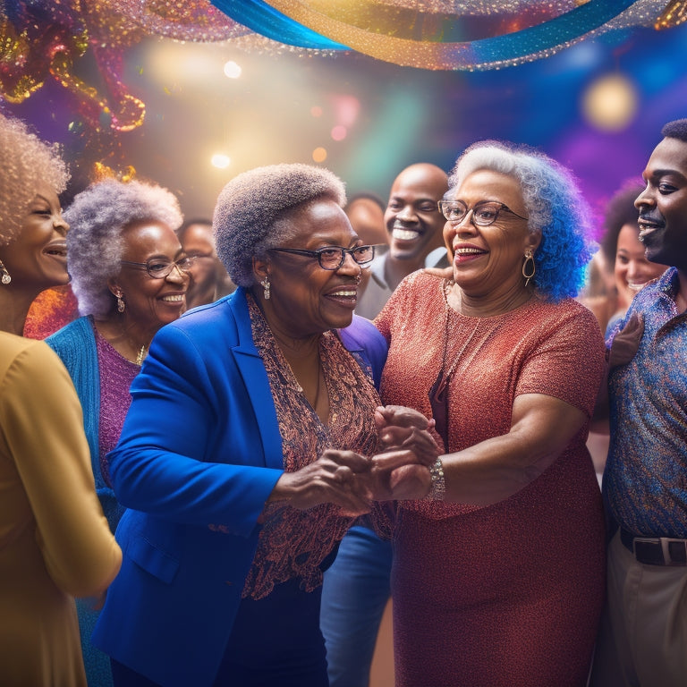 A vibrant illustration of a diverse group of people of all ages and abilities dancing together in a colorful studio, surrounded by swirling ribbons and musical notes, with warm lighting and dynamic shadows.