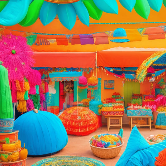 A vibrant, whimsical illustration of a colorful Mexican market scene: piñatas hang from bright orange and turquoise awnings, surrounded by lush greenery, sombreros, and intricately patterned textiles.