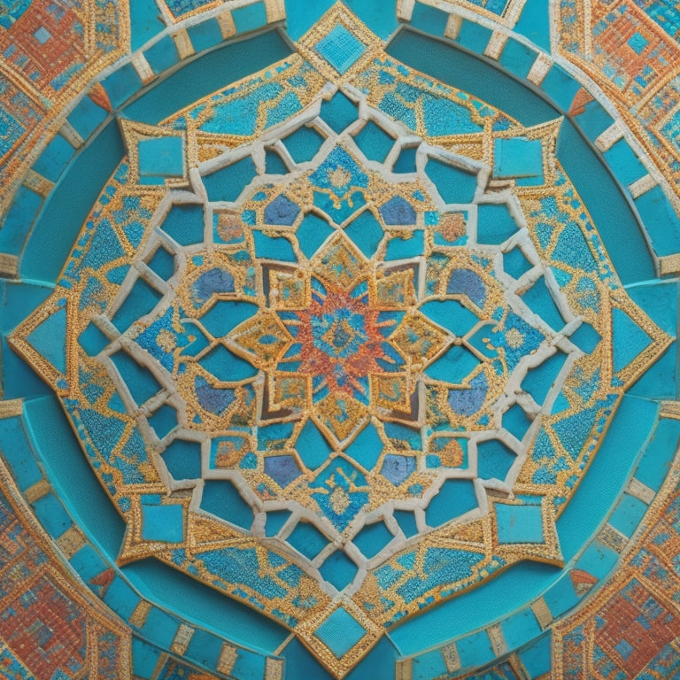 A vibrant, intricate mosaic pattern with interlocking geometric shapes in shades of turquoise, gold, and crimson, set against a rich, dark blue background, evoking ancient Middle Eastern architecture.