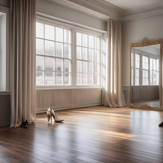 A serene dance studio with a wooden ballet barre, positioned at varying heights, against a light gray wall, surrounded by mirrors and a polished wooden floor, with a few dance shoes scattered around.