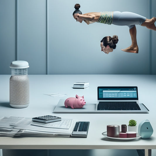 A minimalist illustration featuring a professional dancer in the center, surrounded by various financial tools such as a piggy bank, calculator, and laptop with a spreadsheet open.