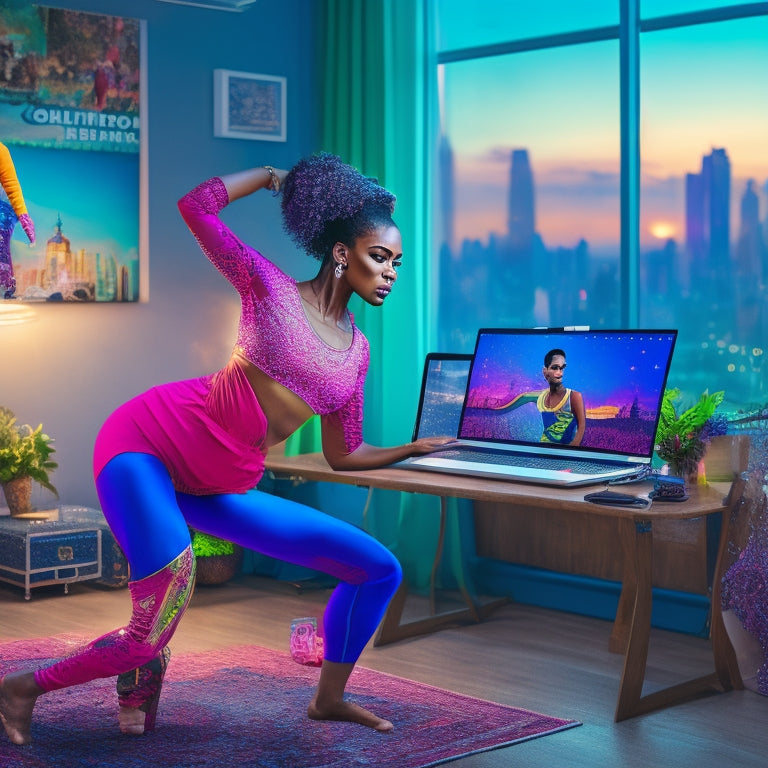 A vibrant and modern illustration of a dancer in a cozy home studio, surrounded by laptops and mirrors, with a cityscape or global map in the background, conveying connection and accessibility.