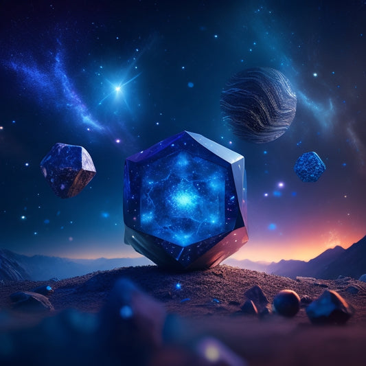 A stylized, futuristic illustration featuring five glowing gemstones, each surrounded by swirling digital patterns and orbiting sparks, set against a dark blue, starry night sky.