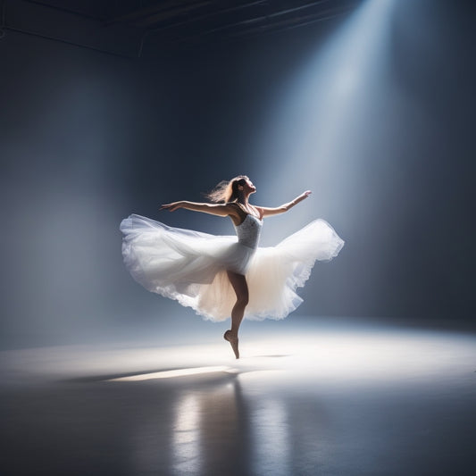 A serene, dimly lit dance studio with a lone dancer in mid-air, executing a fluid, arched jump, surrounded by faint, ghostly silhouettes of themselves, showcasing various turning and leaping techniques.