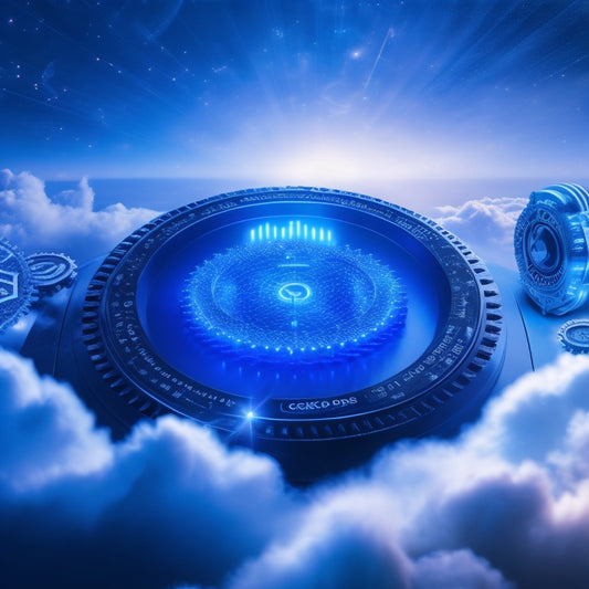 A futuristic dashboard with interconnected gears, cogs, and circuits, surrounded by swirling clouds of 1s and 0s, with a glowing QuickBooks logo at the center, emitting a bright blue light.