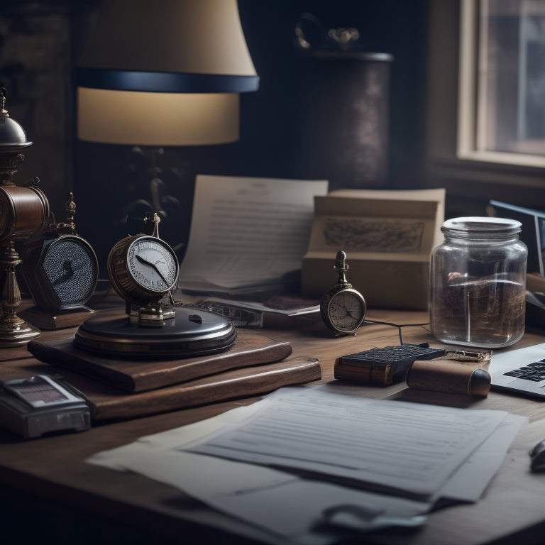 A cluttered desk with a laptop, scattered papers, and a metronome in the background, a broken clock in the foreground, and a faint outline of a musical instrument in the shadows.