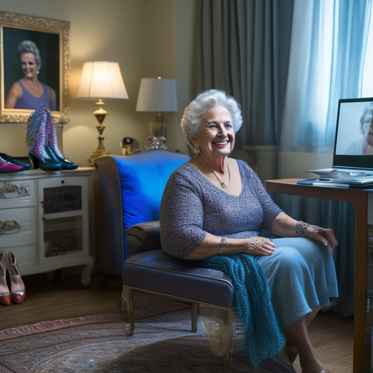 An image of a senior citizen, smiling and sitting in front of a laptop, surrounded by dance shoes, makeup brushes, and a mirror, with a virtual dance instructor visible on the screen.