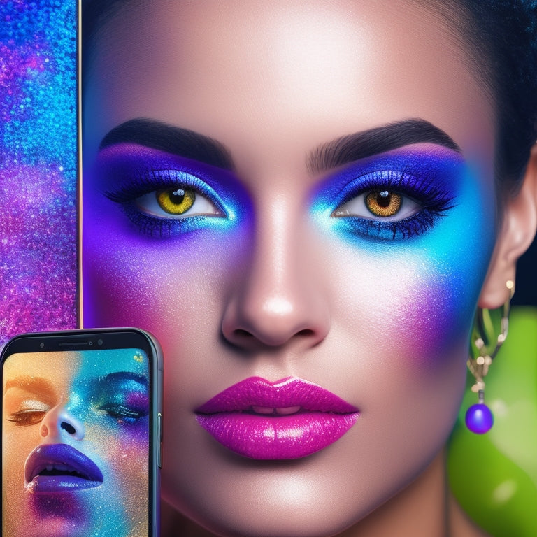 A vibrant, colorful illustration of a smartphone screen displaying a social media feed with various dance makeup looks, featuring bold, glittery eyes, bright lips, and flawless skin tones.