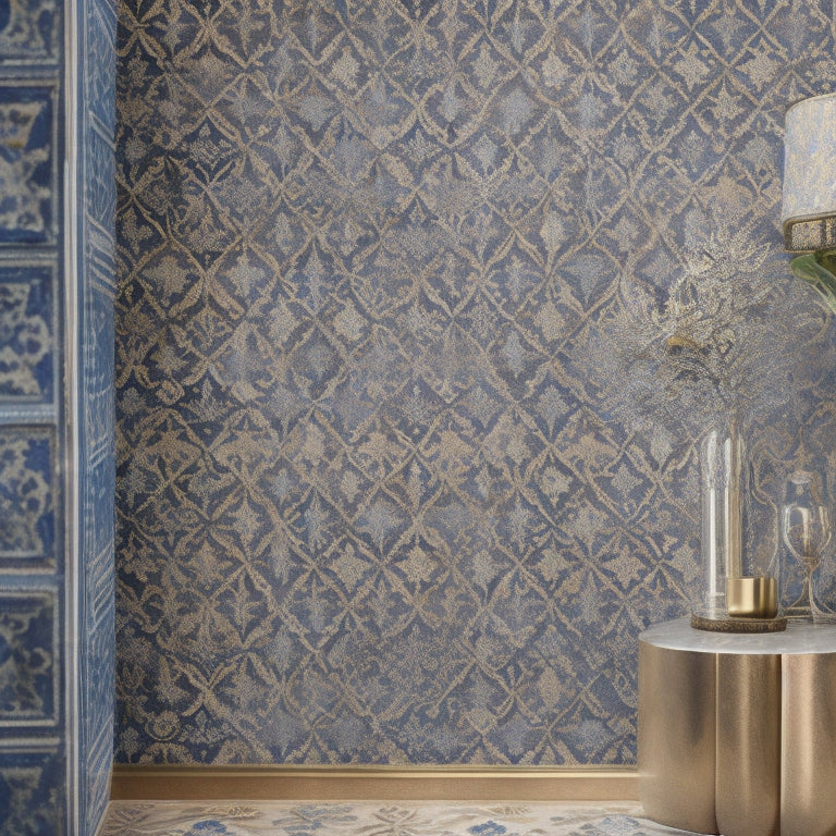 A vibrant, intricately patterned Arabic-inspired wallpaper featuring interlocking geometric shapes, golden accents, and subtle dance-inspired elements, such as delicate footprints or swirling scarves, on a deep blue background.