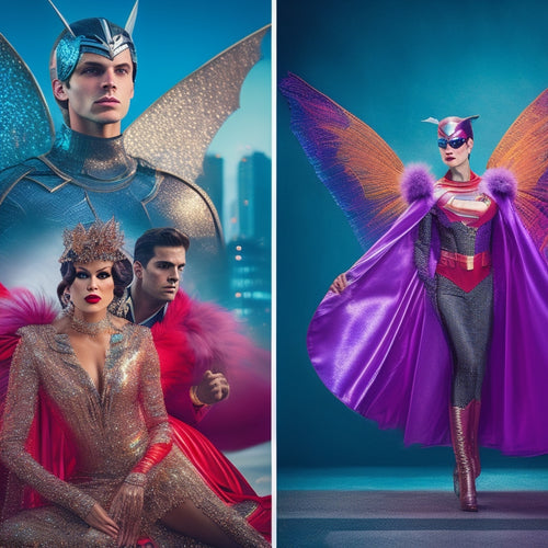 A vibrant collage of popular contemporary costumes: a sleek superhero outfit with a cape, a whimsical fairy with iridescent wings, a vintage-inspired flapper dress, and a bold, futuristic cyborg ensemble, all set against a festive backdrop.