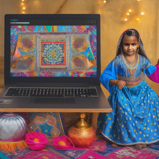 A whimsical illustration depicting a young girl, age 6-8, wearing a colorful belly dance costume, standing in front of a laptop with a virtual instructor on the screen, surrounded by Middle Eastern-inspired patterns and fabrics.