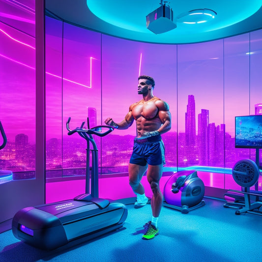A futuristic home gym with a person wearing VR headset and holding VR controllers, surrounded by exercise equipment and neon-colored lights reflecting off the mirror, with a blurred cityscape in the background.