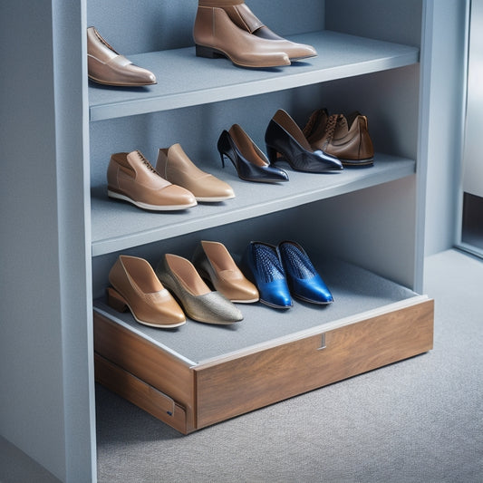 A sleek, modern shoe compartment with organized shelves, textured fabric lining, a hidden drawer, and various shoe sizes displayed. Soft lighting highlights the compartment's spaciousness and elegant design, inviting a sense of order and style.