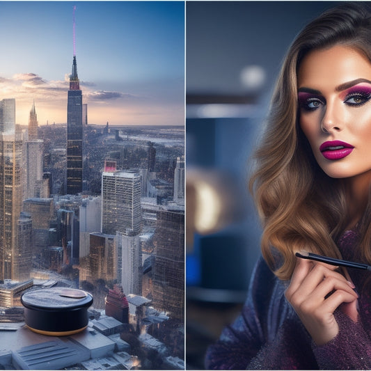 A split-screen image featuring a makeup artist surrounded by a chaotic mess of products and brushes on one side, and a flawless, glamorous model on the other, with a subtle cityscape background.