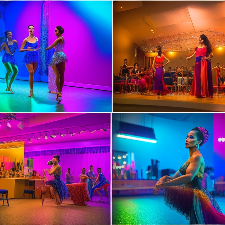 A vibrant, brightly lit dance studio with a group of diverse dancers in various poses, surrounded by makeup stations with brushes, mirrors, and colorful cosmetics.