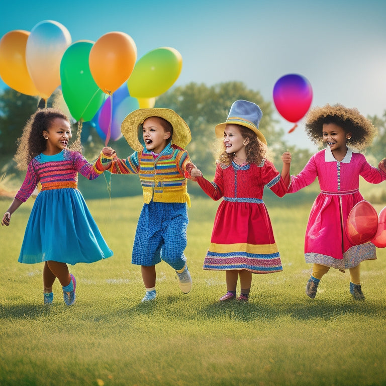 A colorful illustration of diverse kids (ages 6-12) in traditional costumes, dancing and laughing together in a vibrant, sun-lit meadow with fluttering ribbons and balloons, surrounded by subtle musical notes.