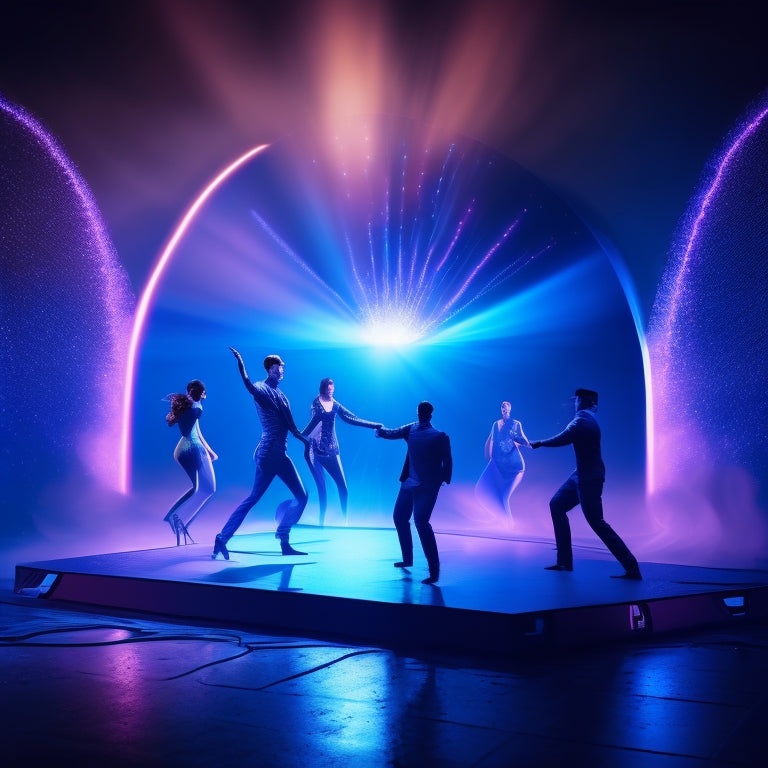 A colorful, futuristic illustration featuring a laptop with a virtual stage, surrounded by dancing silhouettes, spotlights, and swirling digital particles, set against a dark blue background with subtle dance floor reflections.