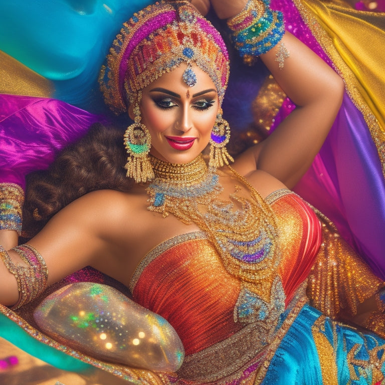 A colorful and vibrant illustration of a belly dancer surrounded by fabrics, sequins, and beads, with various costume pieces and accessories scattered around her, set against a warm, golden background.