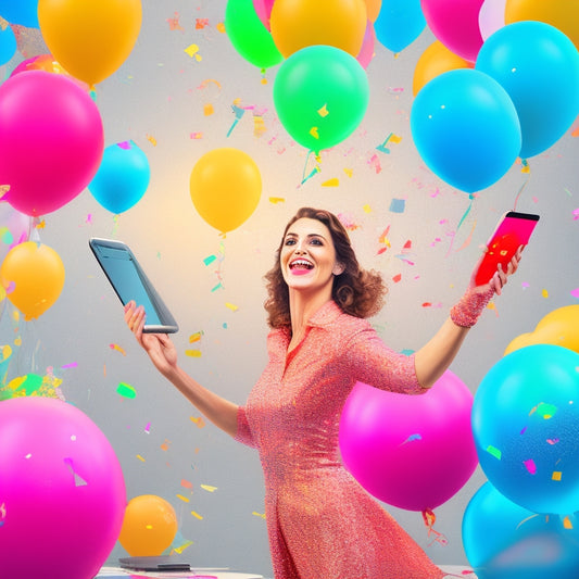A whimsical illustration of a confident, dancing woman surrounded by laptops, tablets, and smartphones, with confetti and balloons floating around her, amidst a subtle background of coding symbols and online course icons.