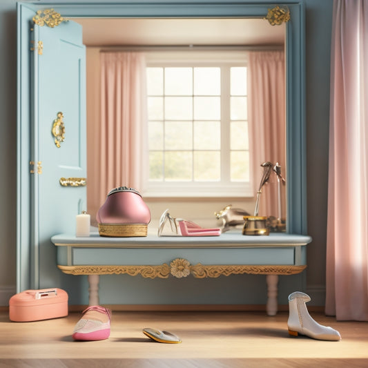 A whimsical illustration of a dancer's studio with a miniature ballet barre attached to a wall, a hanging shoe organizer storing pointe shoes, and a compact, foldable mirror.