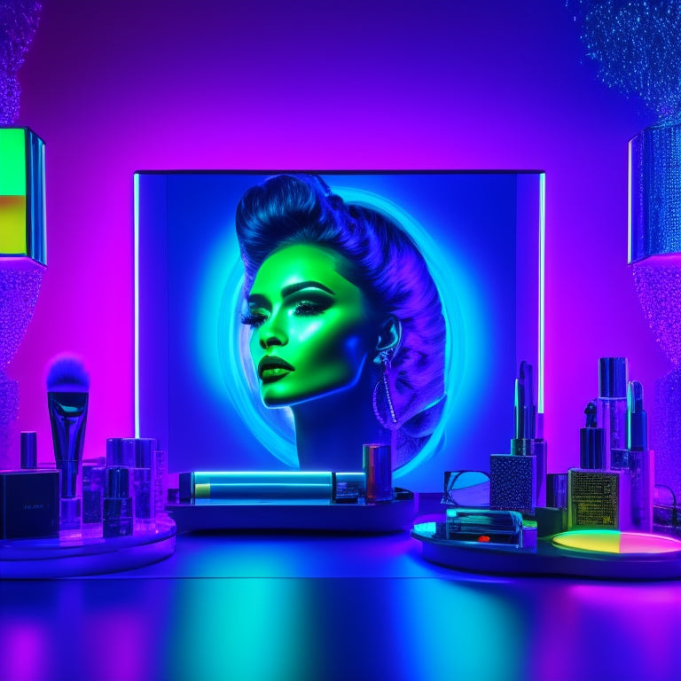 A vibrant, futuristic makeup station with a dancer's face on a screen, surrounded by virtual brushes, colorful palettes, and 3D makeup designs floating in mid-air, with neon lights reflecting off the surface.