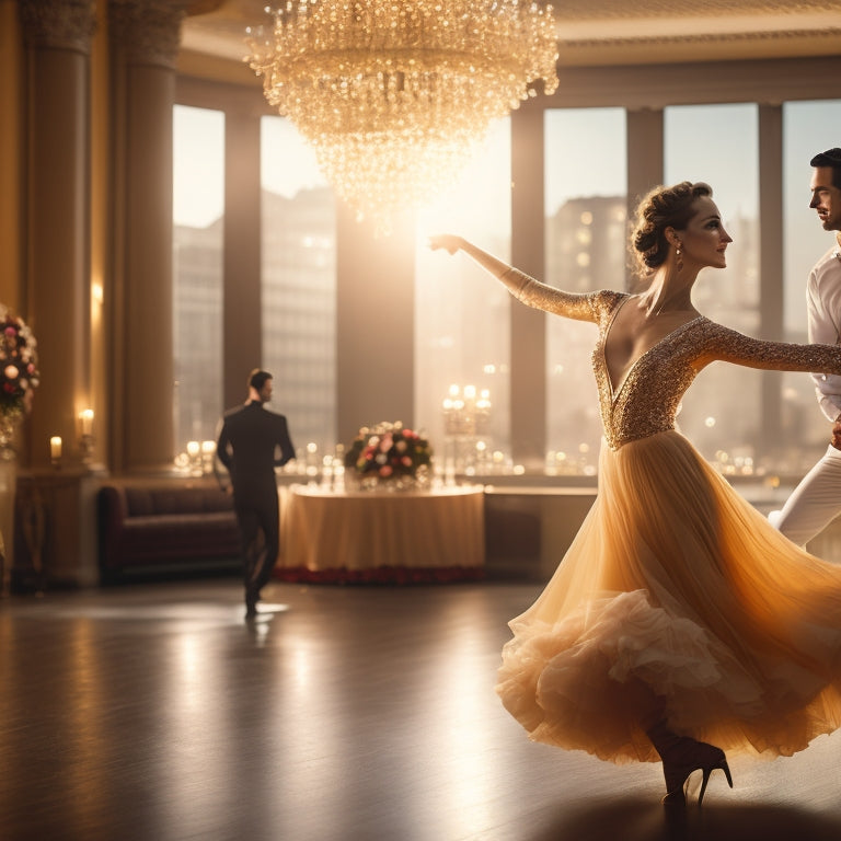 A soft, golden-lit dance studio with a blurred cityscape background, featuring a romantic couple in a flowing, twirling dance pose, surrounded by scattered rose petals and candles.