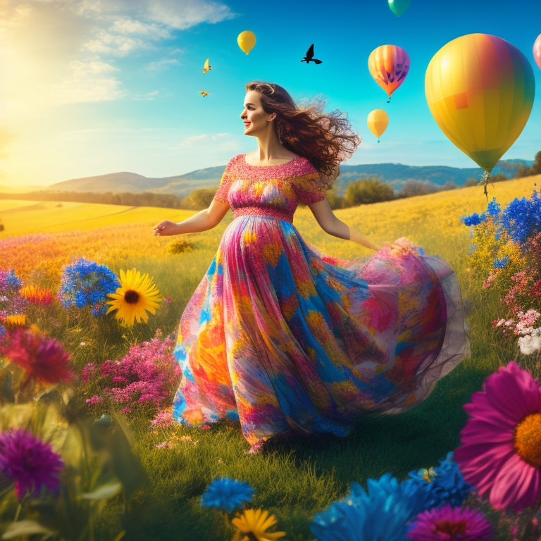 Vibrant illustration of a pregnant woman in a flowing dress, surrounded by colorful flowers and balloons, dancing joyfully in a bright, sunny meadow with butterflies and birds flying around her.