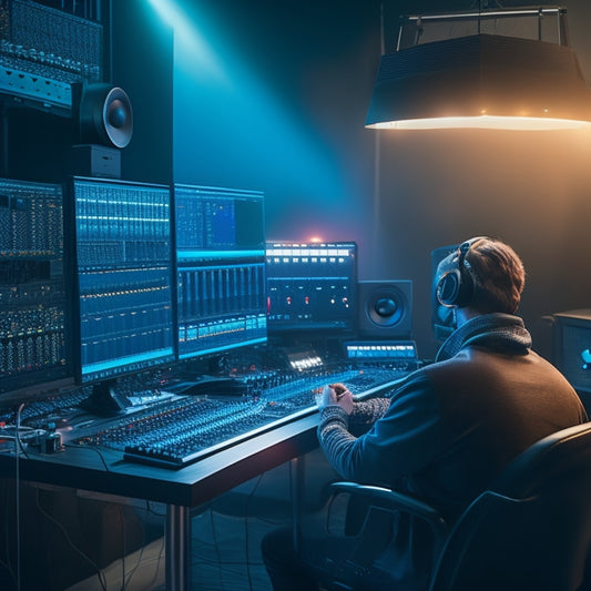 A darkened recording studio with a spotlight shining on a sound engineer intensely focused on a computer screen, surrounded by sound waves and musical notes swirling in the air.