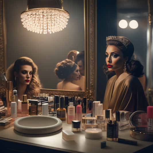 A glamorous, dimly-lit dressing room with a vanity mirror, surrounded by various makeup products, brushes, and a few glamorous wigs, with a spotlight shining down on a dancer's face.