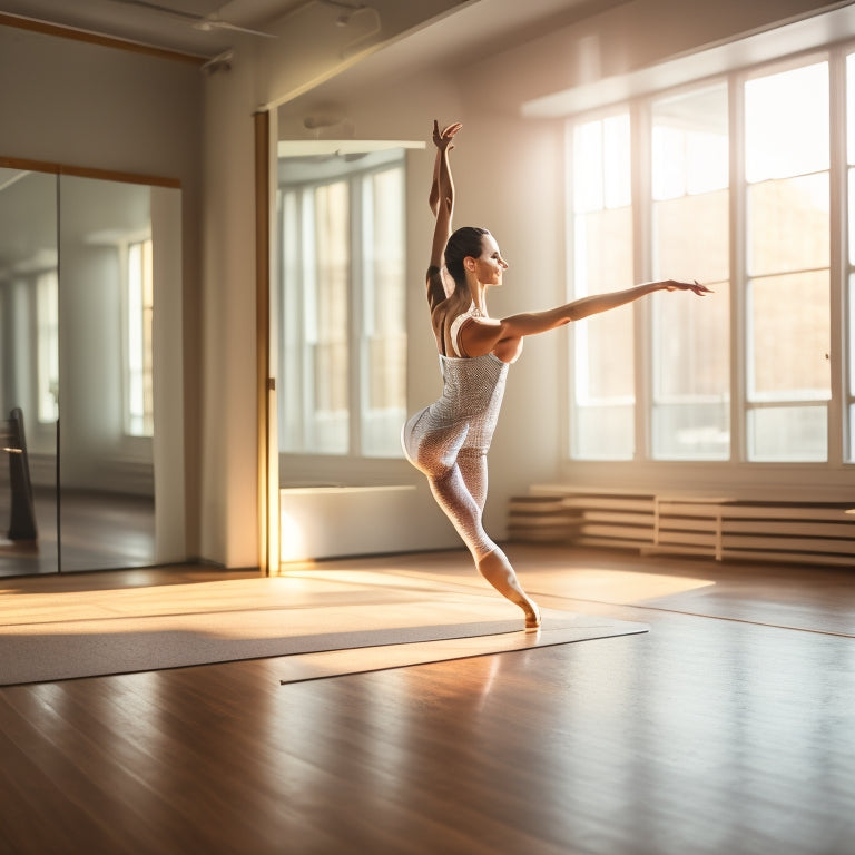 A female dancer in a bright, modern dance studio, surrounded by mirrors and wooden floors, practicing a dynamic hip movement, with one leg extended behind her and arms outstretched, spotlight shining down.