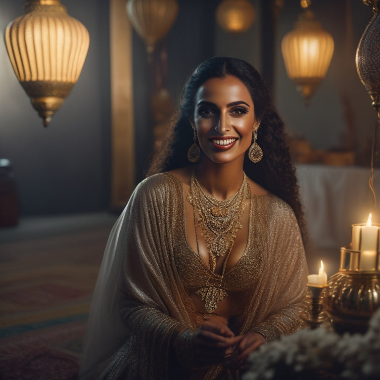 A serene, dimly lit studio with a beautiful, smiling woman in a flowing, golden belly dance costume, surrounded by Middle Eastern-inspired lanterns, intricately patterned rugs, and lush greenery.