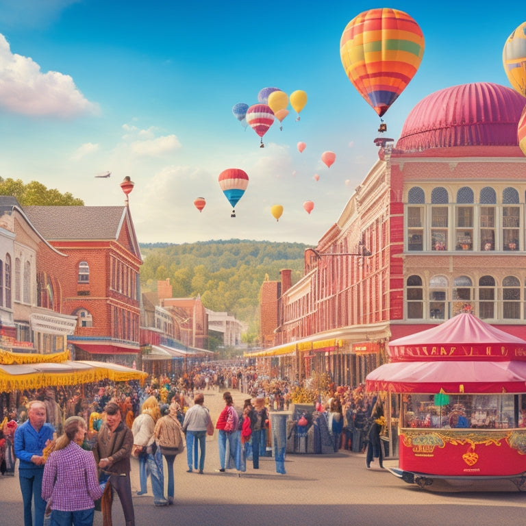 A vibrant illustration of a bustling small-town main street, with colorful tents, balloons, and streamers, featuring a vintage train in the background, surrounded by joyful people of all ages.