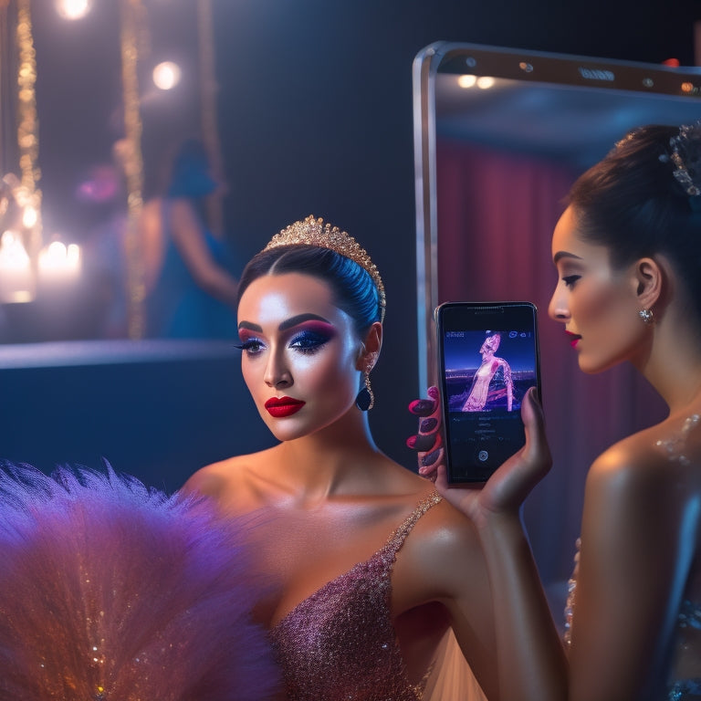 A glamorous, spotlit dancer in a flowing costume, surrounded by open makeup cases, brushes, and mirrors, with a smartphone displaying a dance makeup tutorial in the foreground.