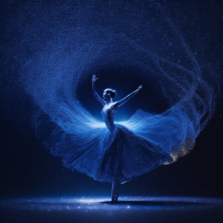 A whimsical illustration of a dancer's silhouette surrounded by swirling, shimmering sparks, set against a dark blue background with glittering constellations and delicate, swirling patterns.