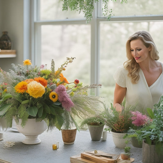 A warm and inviting florist's workshop with Sarah Catherine Conklin surrounded by lush greenery, vibrant flowers, and elegant vases, with soft natural light pouring in through a large window.