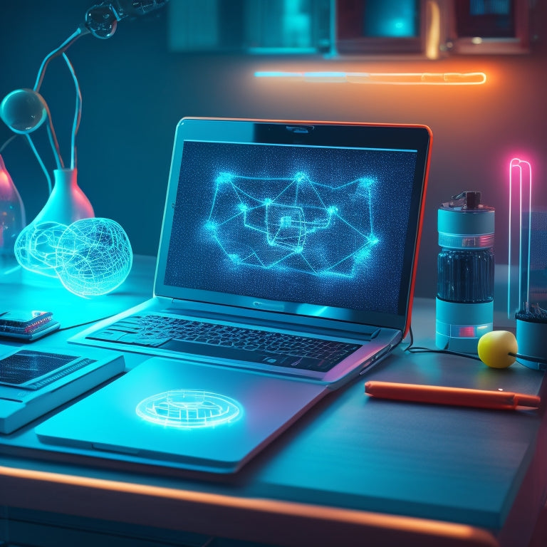 A futuristic, minimalist illustration of a teacher's desk with a laptop, tablet, and smartphone, surrounded by glowing, interconnected nodes and lines, representing digital tools and connections.