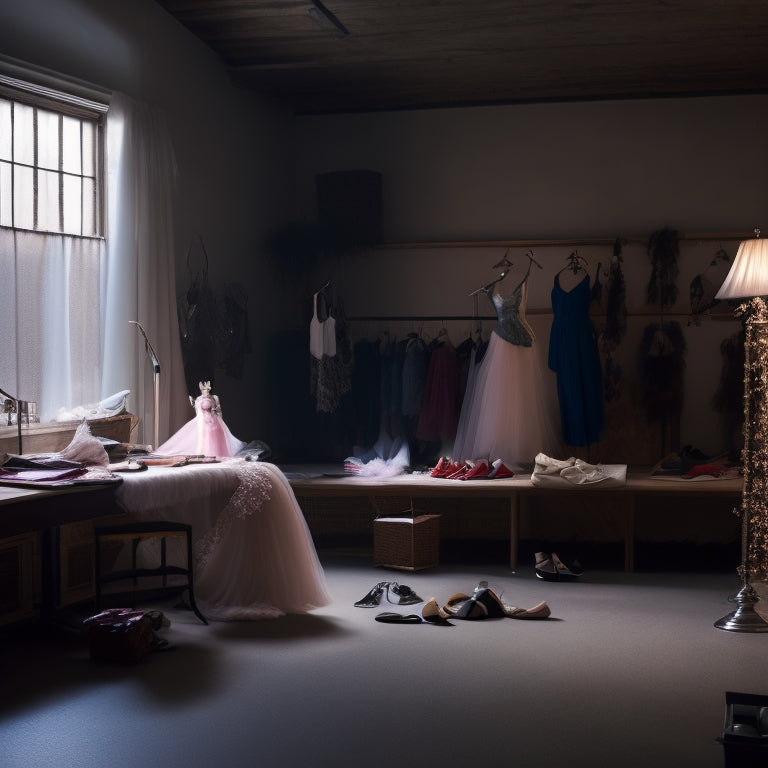 A serene, dimly lit dance studio with a few scattered costume sketches and fabric swatches on a wooden table, surrounded by tutus, ballet shoes, and a few scattered dance bars.